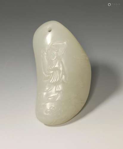 Chinese White Jade Pebble; Lady Immortal & Vase
