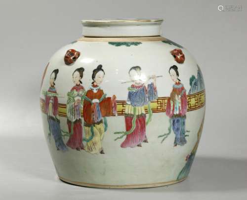 Chinese Lg 19 C Ten-Lady Porcelain Jar & Cover