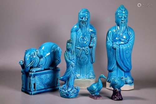 6 Chinese Cast Turquoise Glazed Porcelain Figures