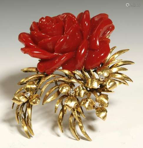 Fine Dark Coral Carved Rose in 18K Yellow Gold Pin