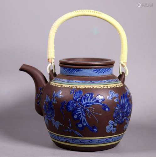 Chinese 19 C Enameled Yixing Large Teapot