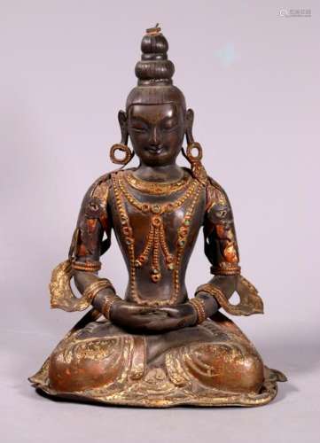 Tibetan 19 C Hammered Bronze Gilt Lacquer Buddha