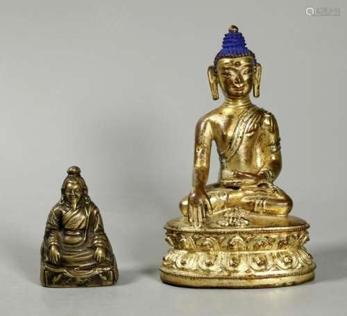 Tibetan 19 C Gilt Bronze Buddha; Sm Bronze Lama