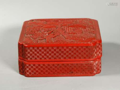 Chinese 19 C Red Cinnabar Lacquer Square Box