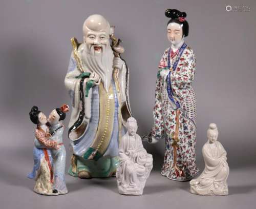 5 Chinese Porcelain Figures; 3 Enameled