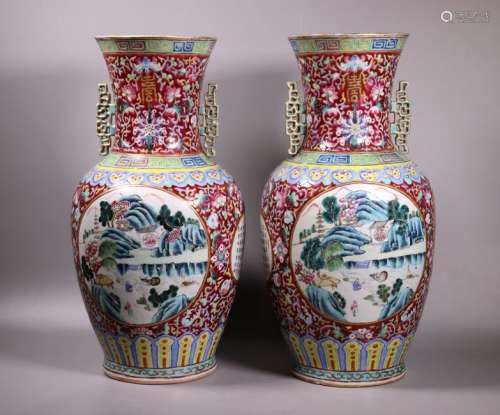 Pr Chinese Ruby Enameled Porcelain Landscape Vases