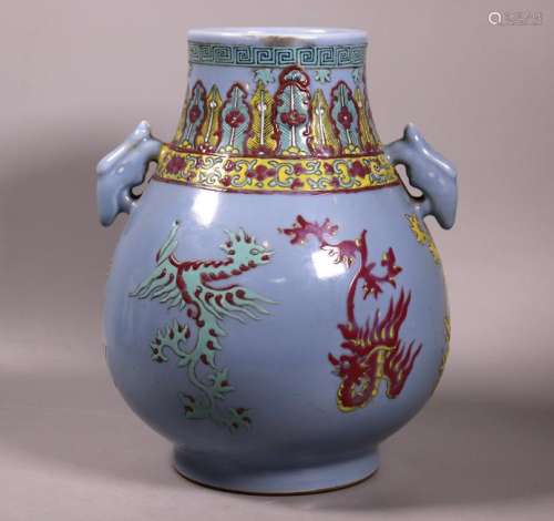 Chinese Republic Blue Porcelain Hu Enamel Dragons