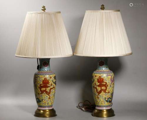 Pair Chinese Enameled Porcelain Dragon Vase Lamps