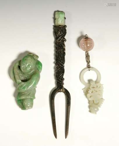 3 Chinese Qing Dynasty Jewels Jade Jadeite Silver