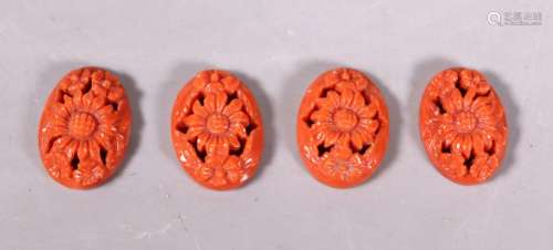 4 Chinese Flower Carved Coral Oval Plaques; 6.1G
