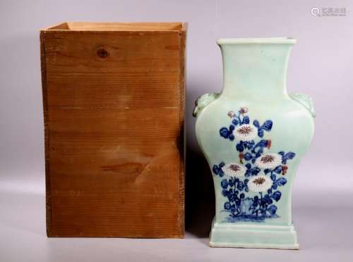 Chinese 18 C Blue & Red on Celadon Porcelain Vase