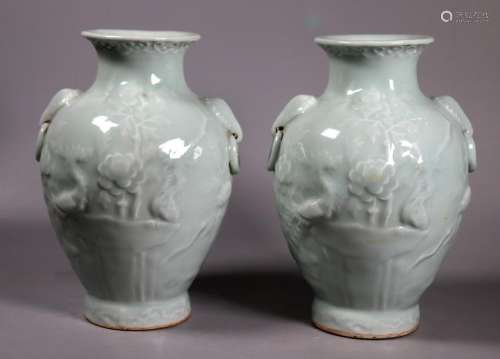 Pr Chinese Pale Celadon Phoenix Porcelain Vases