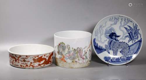 3 Chinese Porcelains, Brush Pot Planter Plate