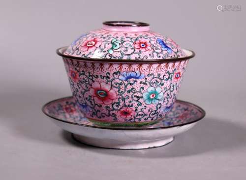 Chinese 19 C Canton Enamel Teacup Cover & Dish
