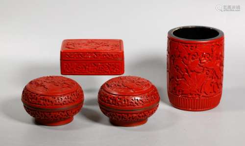 Chinese Red Cinnabar Lacquer; 3 Boxes 1 Brush Pot