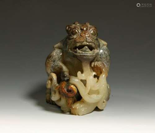Chinese Carved & Pierced Gray Russet Celadon Qilin