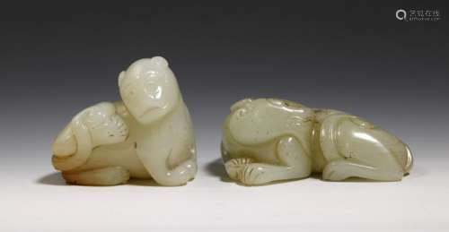 2 Chinese Pale Celadon Jade Cat Toggles