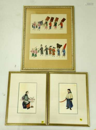 Four 19th C Chinese Paintings in Three Frames