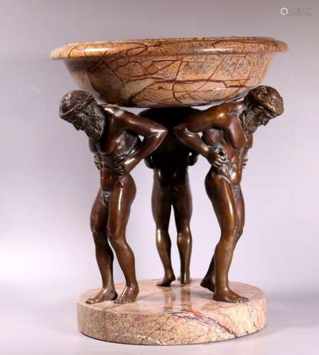 Lg European Bronze Atlas & Marble Centerpiece Bowl