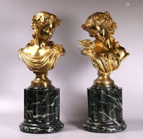 Large Pr French Bronze Female Busts Marble Stands