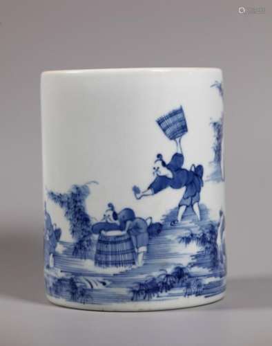 Chinese Blue & White Fishermen Porcelain Brush Pot
