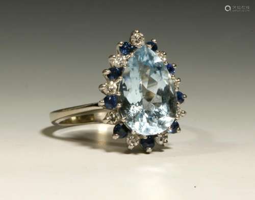 Pear Cut Aquamarine Diamond & Sapphire 14K Ring