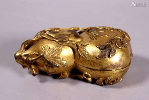 Chinese Gilt Bronze Double Gourd Box & Cover