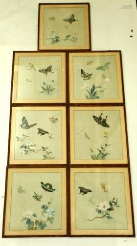 7 Chinese Paintings on Silk Butterflies & Flowers