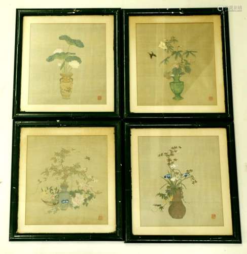 4 Chinese Qing Flower & Vase Paintings on Silk