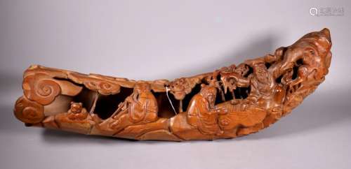 Lg Chinese Bamboo Root Carving; Scholars on Raft