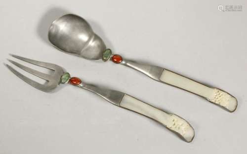 Chinese Qing Lg Jade & Pewter Fork & Spoon