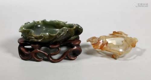 2 Chinese Qing Green Jade & Agate Brush Washers