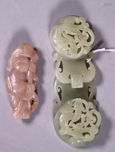 Chinese 2 Part Jade or Stone Buckle; Boy Toggle