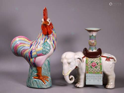 Chinese Enameled Porcelain Chicken and Elephant