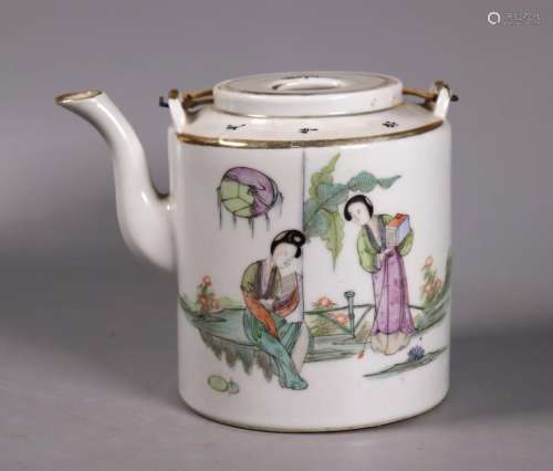 Chinese Qing Enamel Qiao Sisters Porcelain Teapot