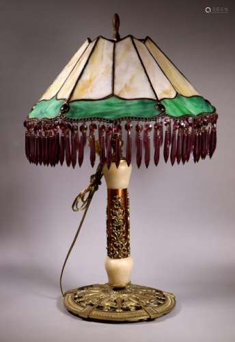 Leaded Glass Shade on Bronze and Marble Lamp