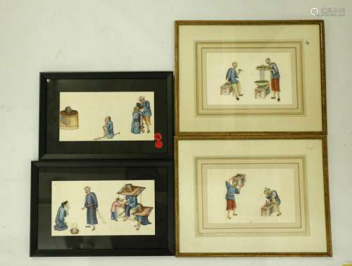 2 Pairs 19th C Chinese Paintings Framed