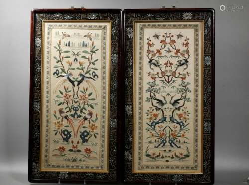 Pair Chinese Mirror Design Satin Embroideries