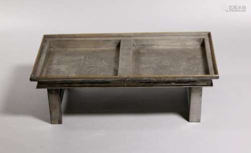 Chinese Qing Incised Pewter Mini Tea Tray Table