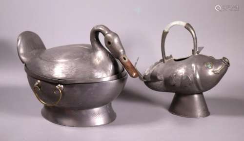 2 Chinese Pewter Servers Duck Warmer Carp Pitcher