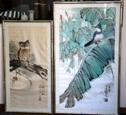 Chinese Bird Painting & Owl Print; framed