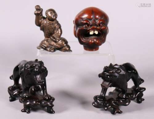 Pr Chinese Cherry Amber Lions; 1 Bronze 1 Wood