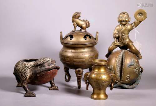 4 Chinese Bronzes; Toad Pomegranate Censer Vase