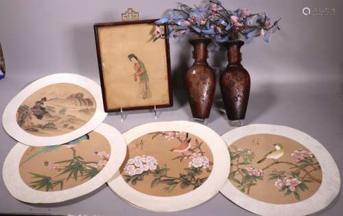 6 Chinese Silk Paintings, Pr Wood Wall Vases