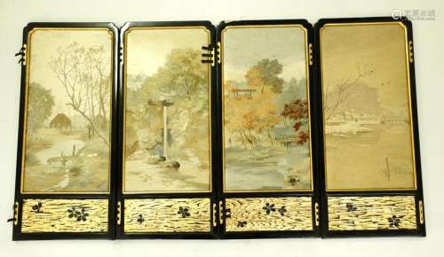 4 Panel Japanese 19 C Embroidered Lacquer Screen
