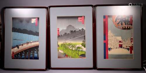 3 Japanese Woodblock Prints Hiroshige 
