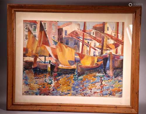 Louis Wolchonok; Watercolor Boats in Harbor