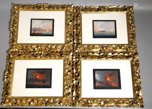 4 Neapolitan 19C Gouache Vesuvius; Gold Frames