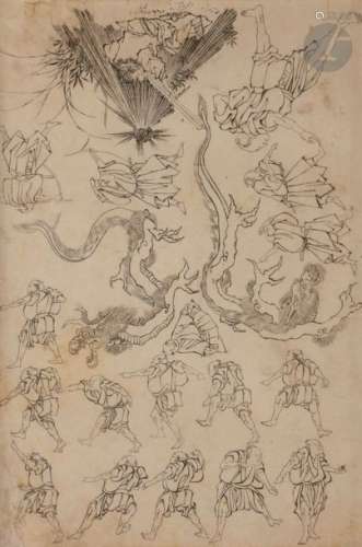École d’Hokusai Plusieurs personnages en mouvement…
