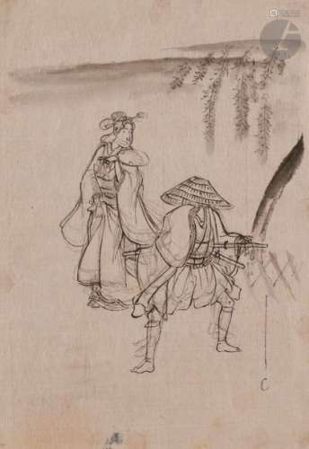 École japonaise XIXe siècle Samouraï et jeune femm…